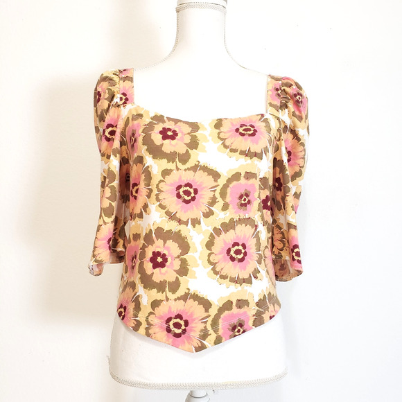 Free People Women's SIZE XL Floral Crop Top Puff 3/4 Sleeves OB1472617 Pink - Picture 1 of 11